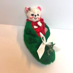 Vintage 1993 Annalee Christmas Mouse in Green Slipper Plush Doll 7 Inch USA